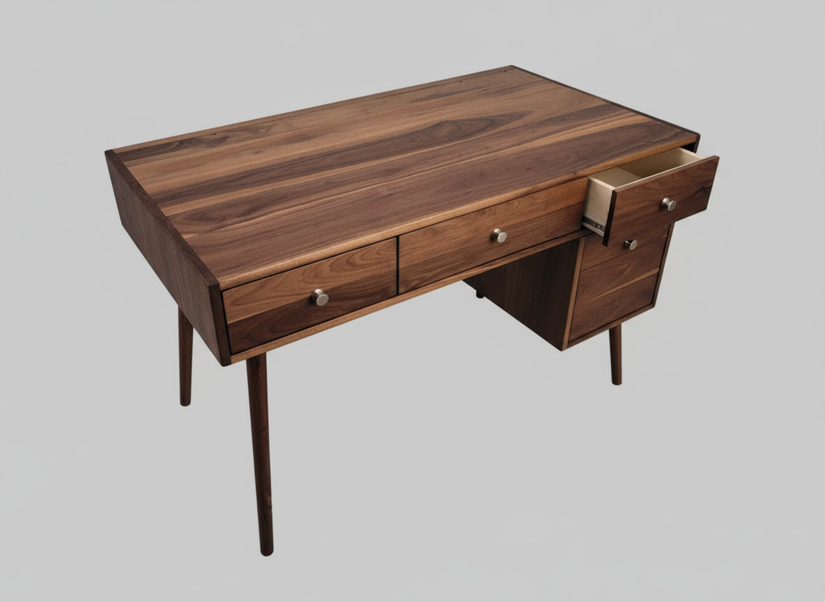 Black aalnut wooden desk with drawers and cabinet