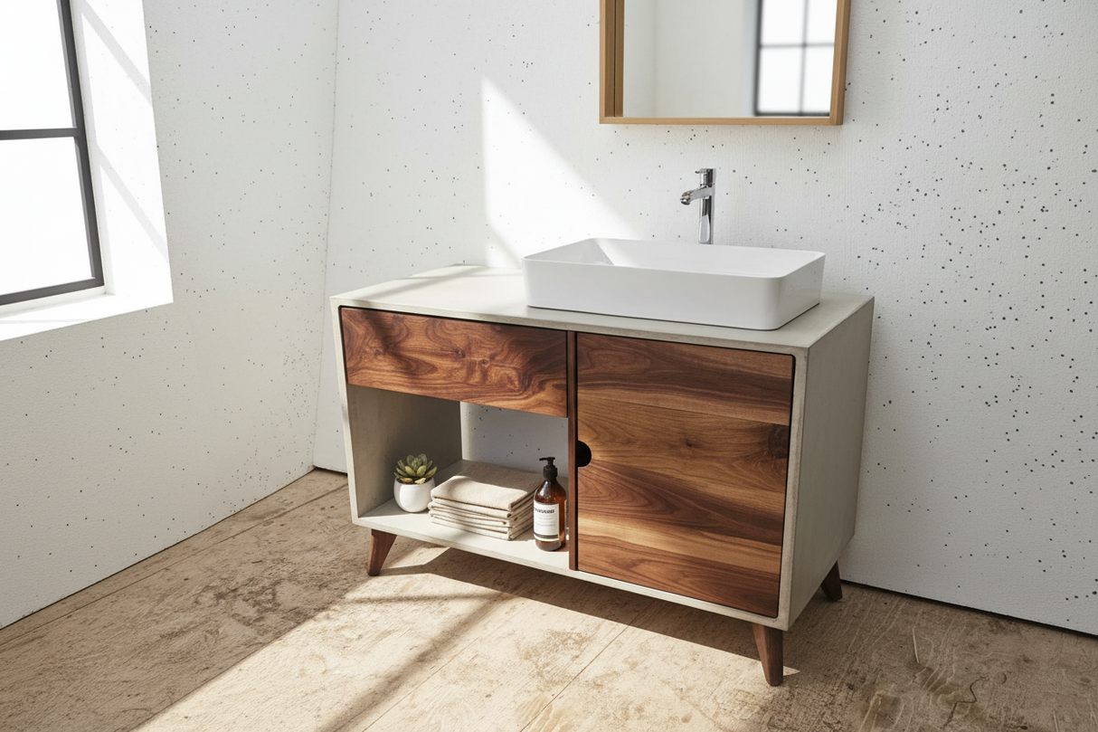 Concrete and Hard Wood Custom Bathroom Vanity