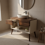 Concrete and Hard Wood Custom Bathroom Vanity with Wood Top and Drawers
