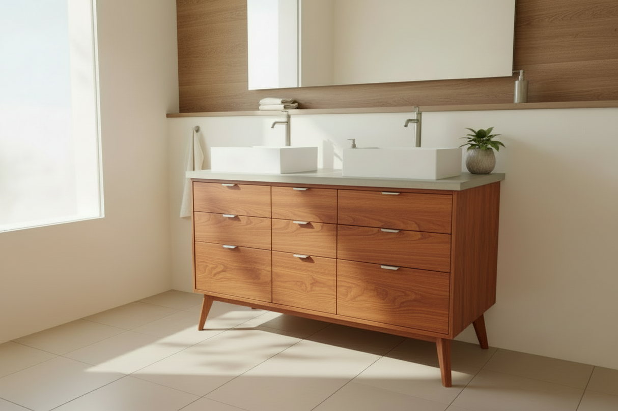 Hard Wood and Concrete Top Custom Double Sink Bathroom Vanity