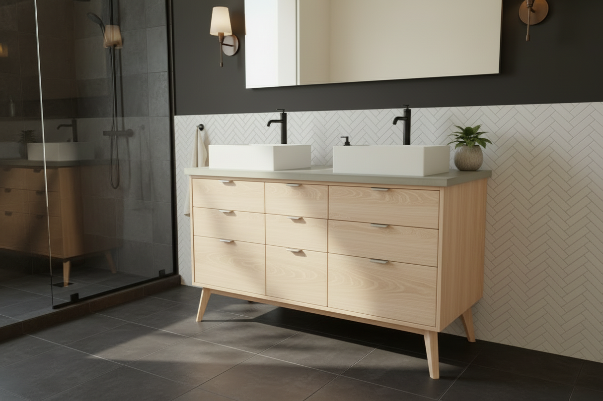 Hard Wood and Concrete Top Custom Double Sink Bathroom Vanity
