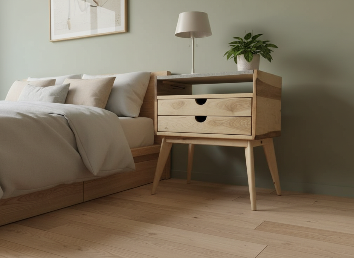 Aby - Two Drawers Maple Wood & Concrete Top Mid-Century Bed Side Table Nightstand