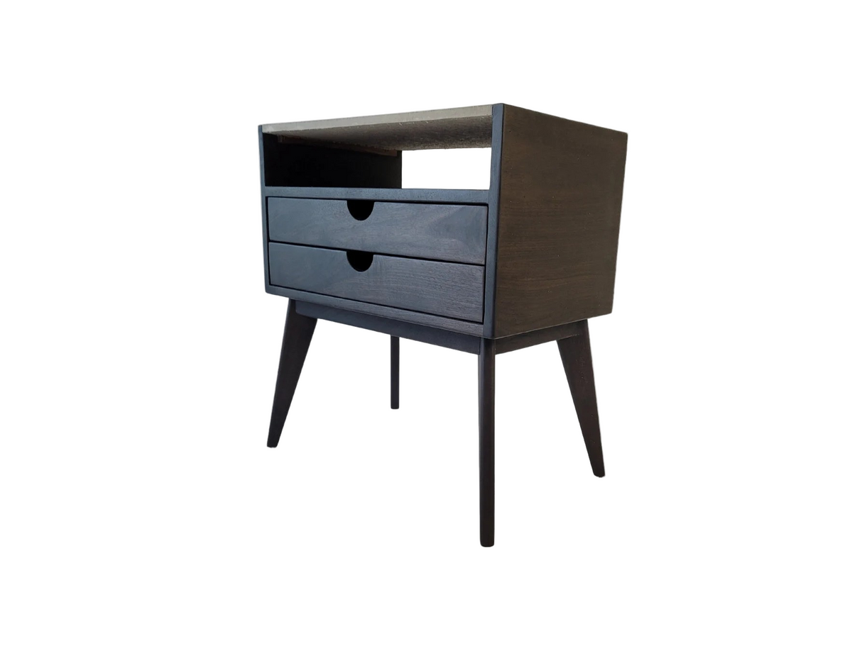 Aby - Two Drawers Maple Wood & Concrete Top Mid-Century Bed Side Table Nightstand