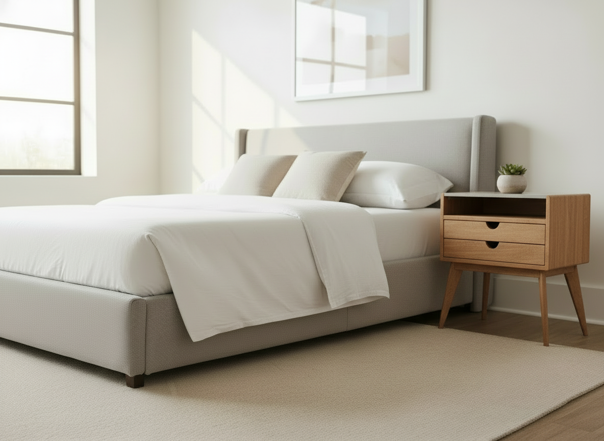 Wooden nightstand with two drawers on a white background
