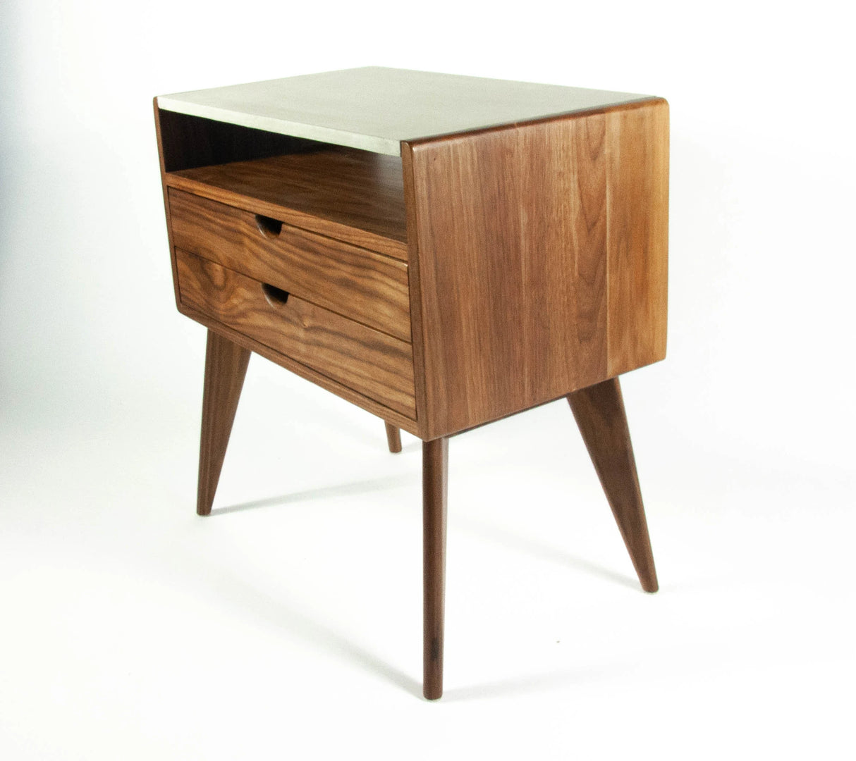 Aby - Two Drawers Maple Wood & Concrete Top Mid-Century Bed Side Table Nightstand