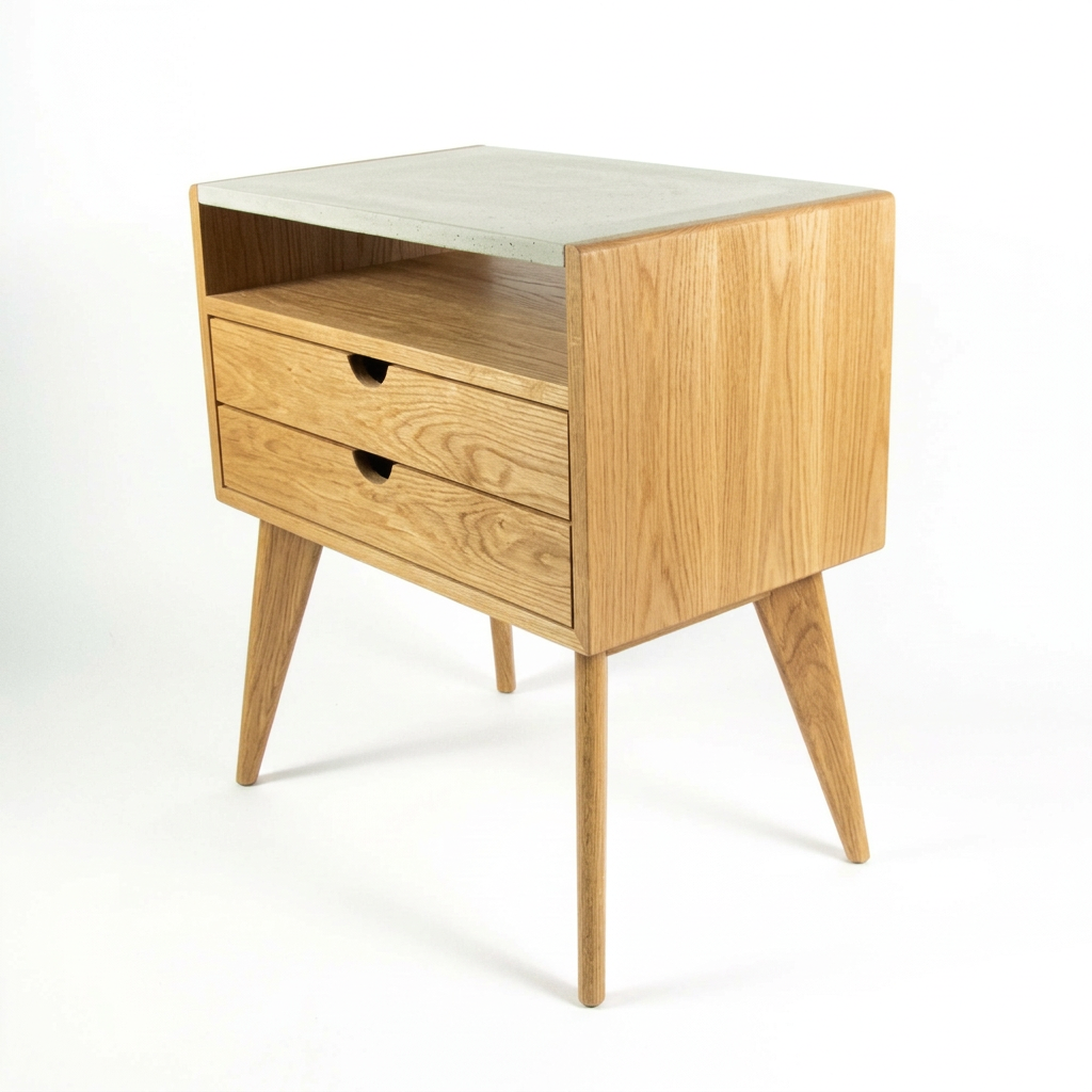 Aby - Handmade Two Drawers Maple Wood Concrete Top Mid-Century Bed Side Table Nightstand
