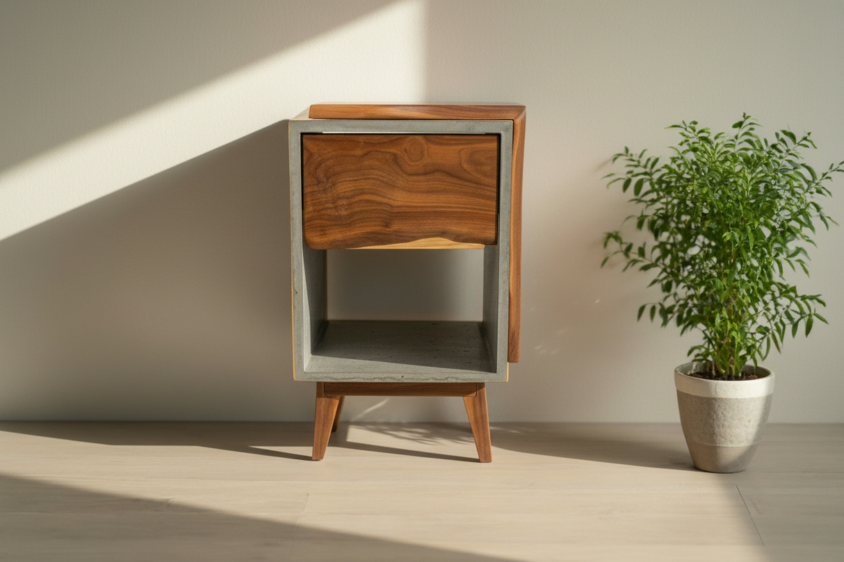 Classic Edge Black - Concrete Dark Grey Box & Live Edge Wood Top / Side Drawer Nightstand