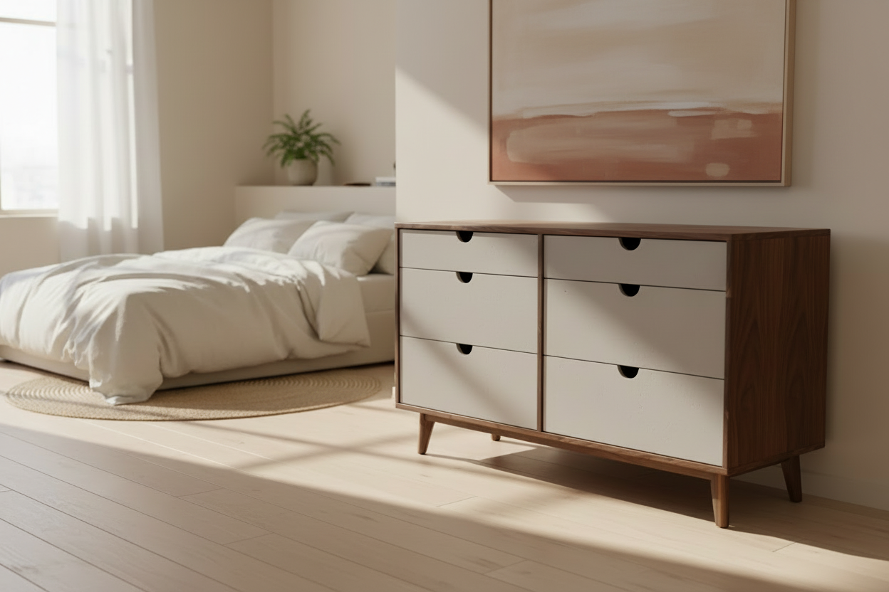 Theo - Mid-century Modern Black Walnut Dresser with Concrete Drawers