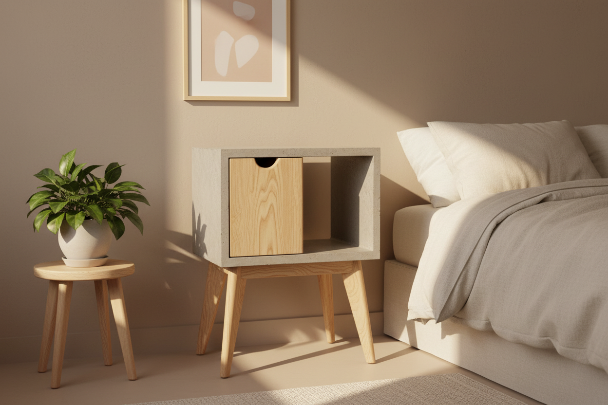 Half'n Half - Concrete & Solid Black Walnut Drawer Mid-Century Nightstand Bed Side Table