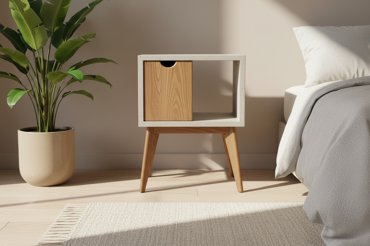 Half'n Half - Concrete & Solid Black Walnut Drawer Mid-Century Nightstand Bed Side Table