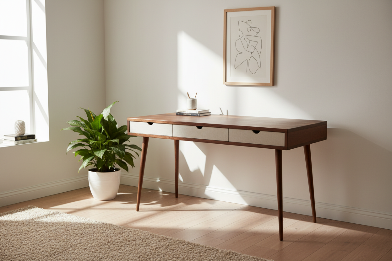 Mid-century Modern Black Walnut Office Desk with Concrete Drawers