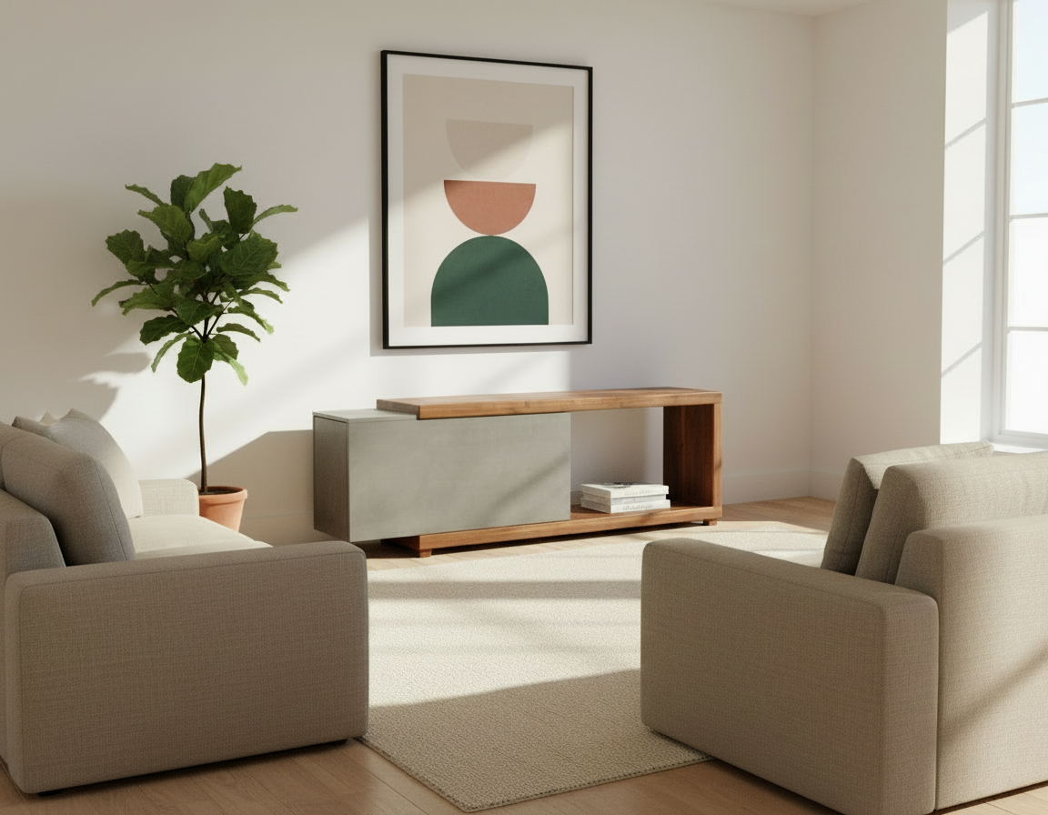 Mignun Grey - Dark Concrete & Wood Multimedia Console or TV Stand with Hidden Drawer