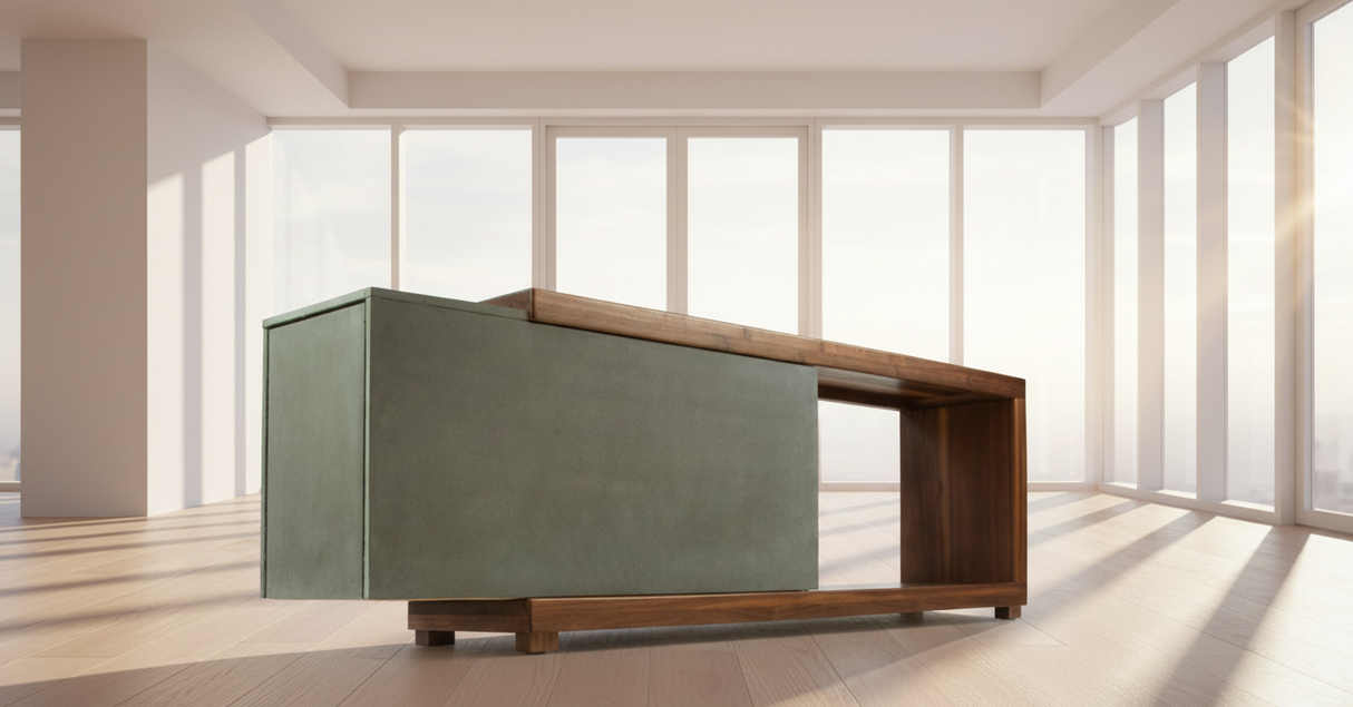 Mignun Grey - Dark Concrete & Wood Multimedia Console or TV Stand with Hidden Drawer