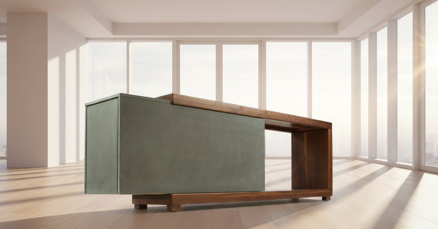 Mignun Grey - Dark Concrete & Wood Multimedia Console or TV Stand with Hidden Drawer