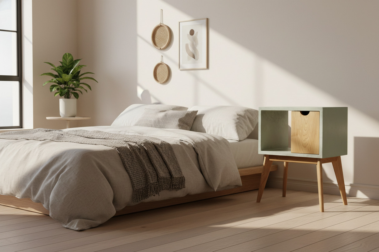 Half'n Half - Concrete & Solid Black Walnut Drawer Mid-Century Nightstand Bed Side Table
