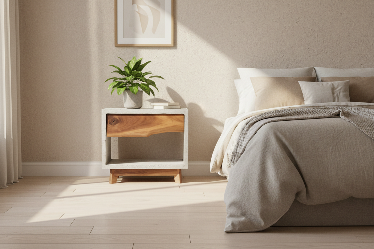 Table de nuit à tiroirs en béton et bois Live Edge nain - Table d'appoint