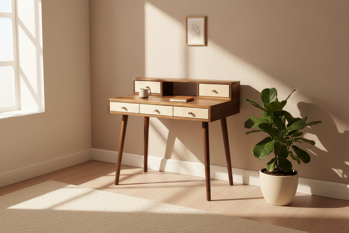 La Huche Maple Drawers - Mid-Century Modern Black Walnut Office Desk with Shelf n' Drawer
