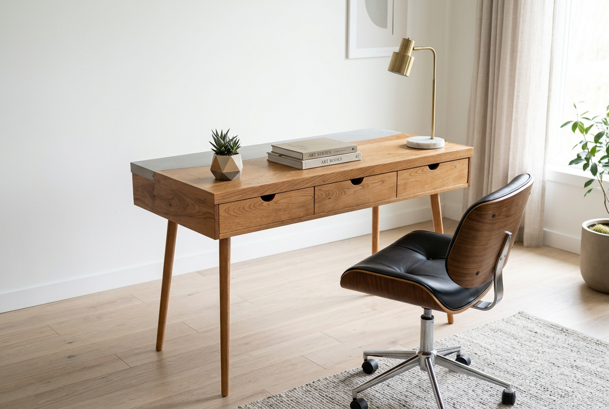 LakeSide Desk - Live Edge Solid Wood and Concrete Mid-Century Modern Office Desk