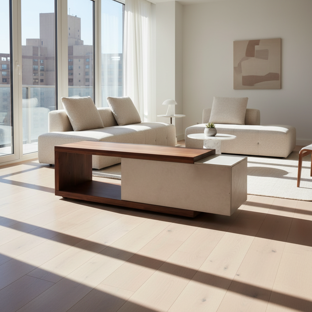 Mignun - Table basse ou meuble TV en bois de noyer massif et béton avec tiroir caché