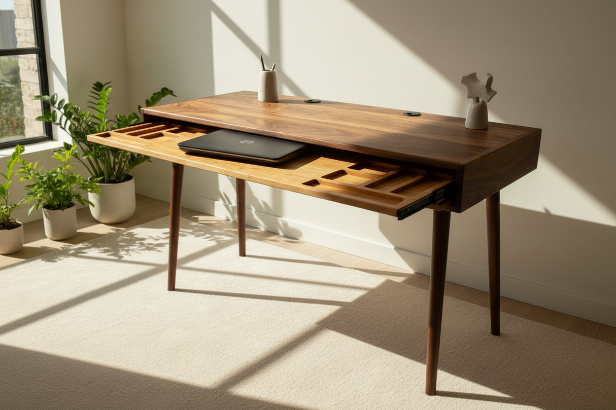 The Roland - Mid-century Modern Black Walnut Office Desk with Carved Keyboard Shelf
