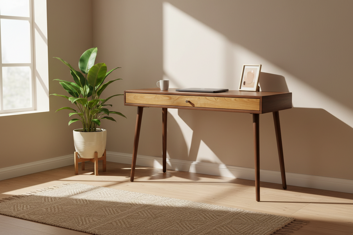 The Roland - Mid-century Modern Black Walnut Office Desk with Carved Keyboard Shelf