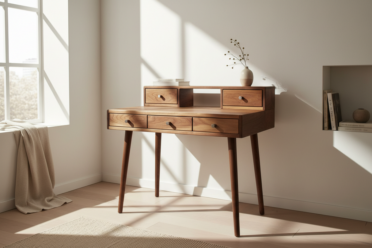 La Huche All Walnut - Mid-Century Modern Black Walnut Office Desk with Shelf and Drawers