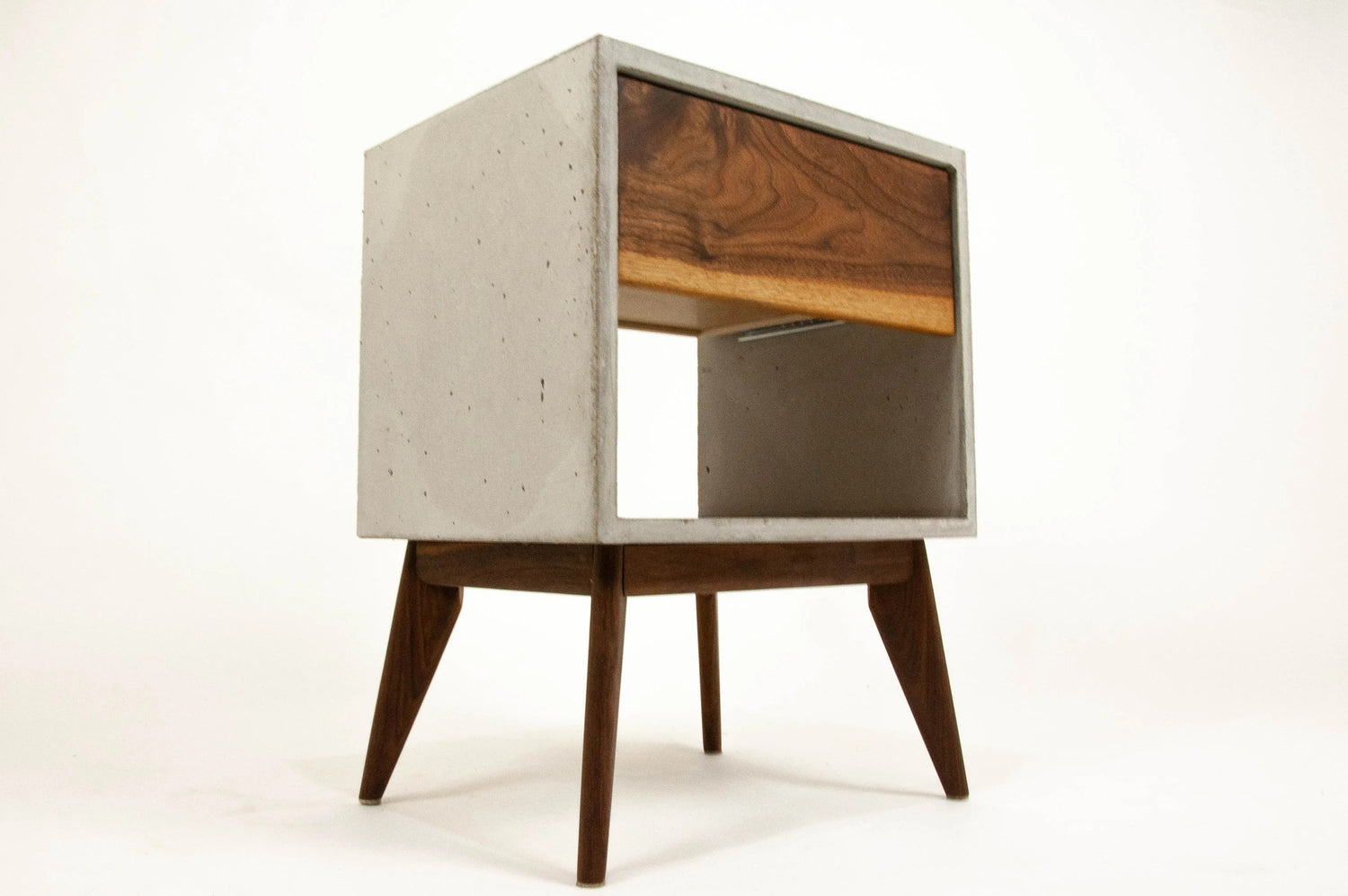 Straight Tall Dwarf - Concrete Cube and Straight Edge Black Walnut Drawer Bed Side Table Nightstand