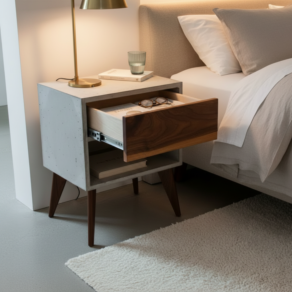 Straight Tall Dwarf - Concrete Cube and Straight Edge Black Walnut Drawer Bed Side Table Nightstand