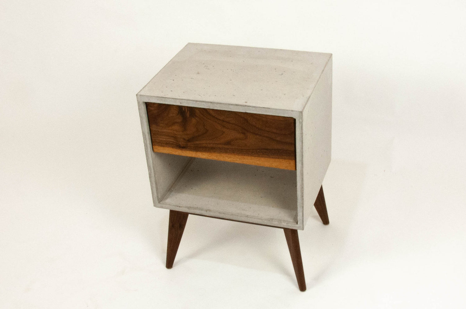 Straight Tall Dwarf - Concrete Cube and Straight Edge Black Walnut Drawer Bed Side Table Nightstand