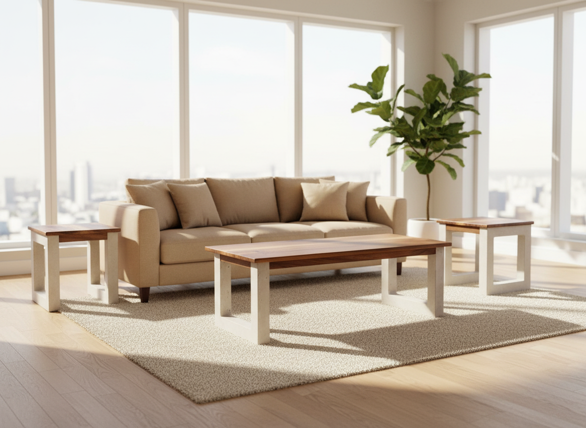 Concrete & Wood Coffee Table and Side Tables Set - Living Room Set