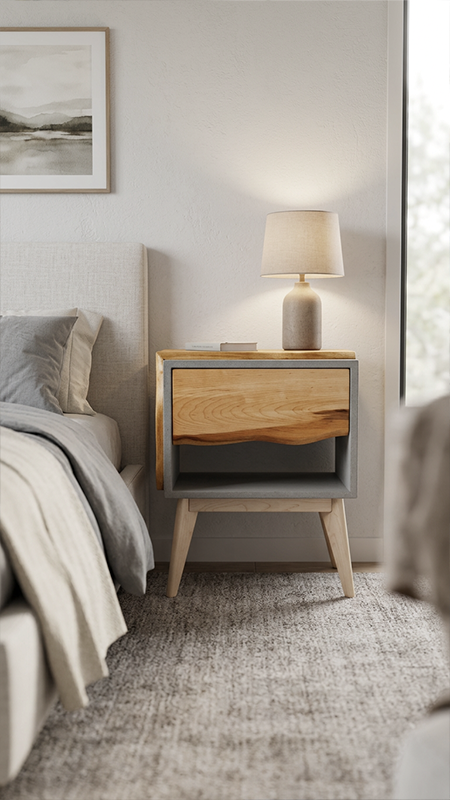 Tall Dwarf Solid Walnut Live Edge & Concrete Nightstand with Drawer