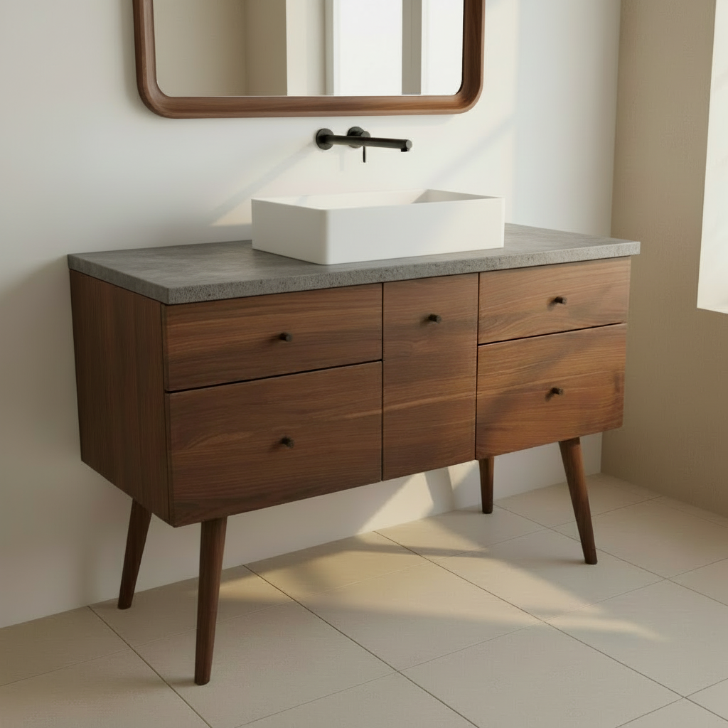 Hard Wood and Concrete Top Custom Bathroom Vanity