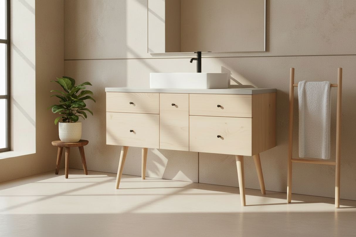 Hard Wood and Concrete Top Custom Bathroom Vanity