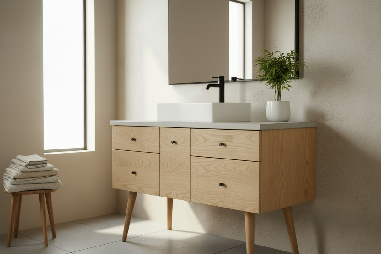 Hard Wood and Concrete Top Custom Bathroom Vanity