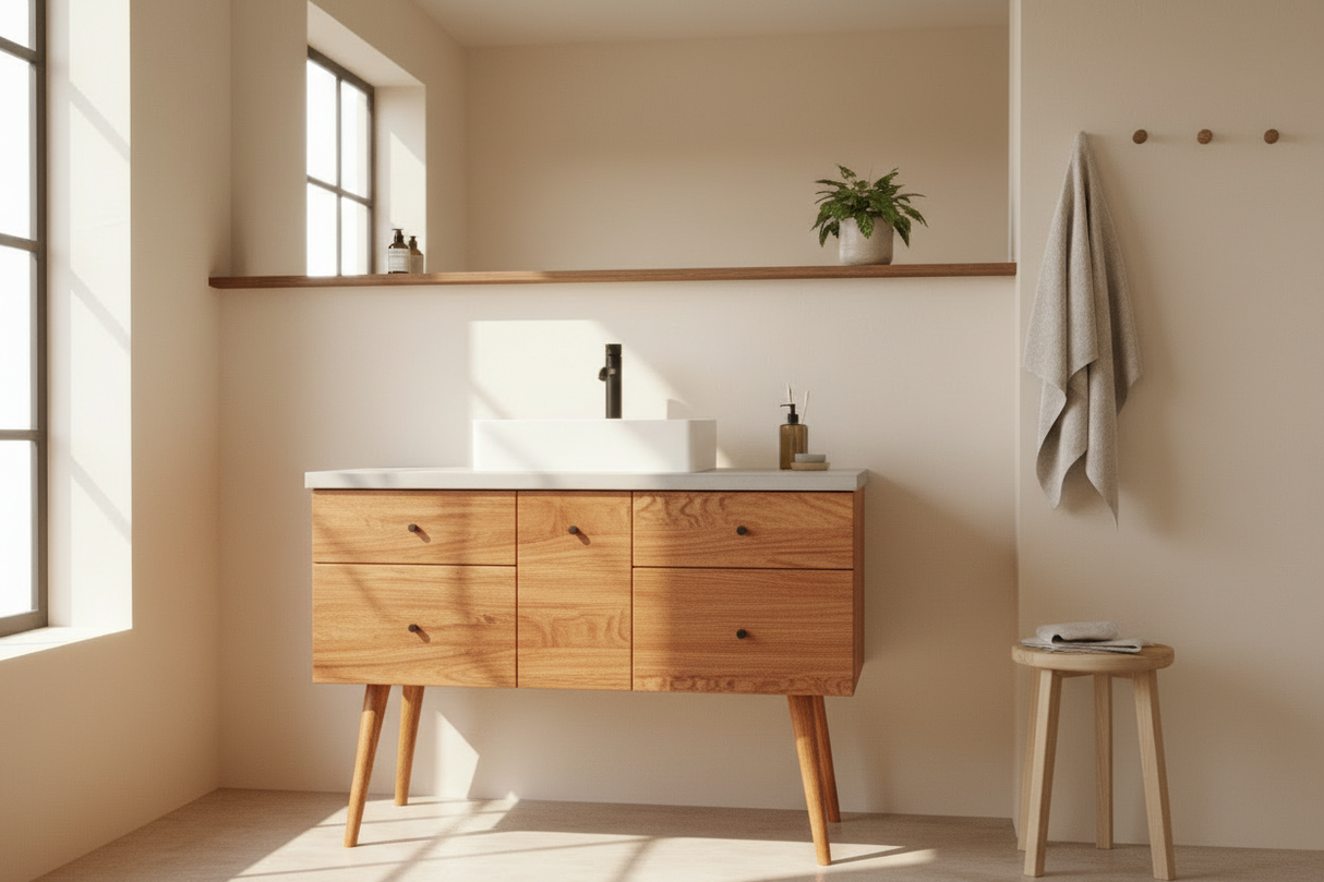 Hard Wood and Concrete Top Custom Bathroom Vanity