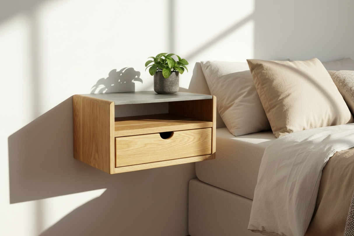 Aby Cloud - Floating White Oak Side Table Nightstand with Concrete Shelf