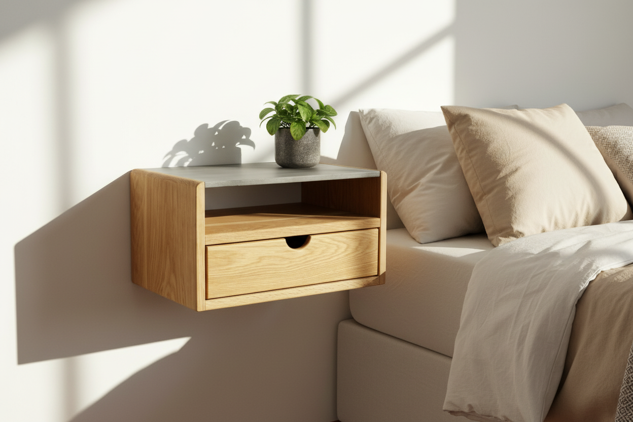 Aby Cloud - Floating White Oak Side Table Nightstand with Concrete Shelf