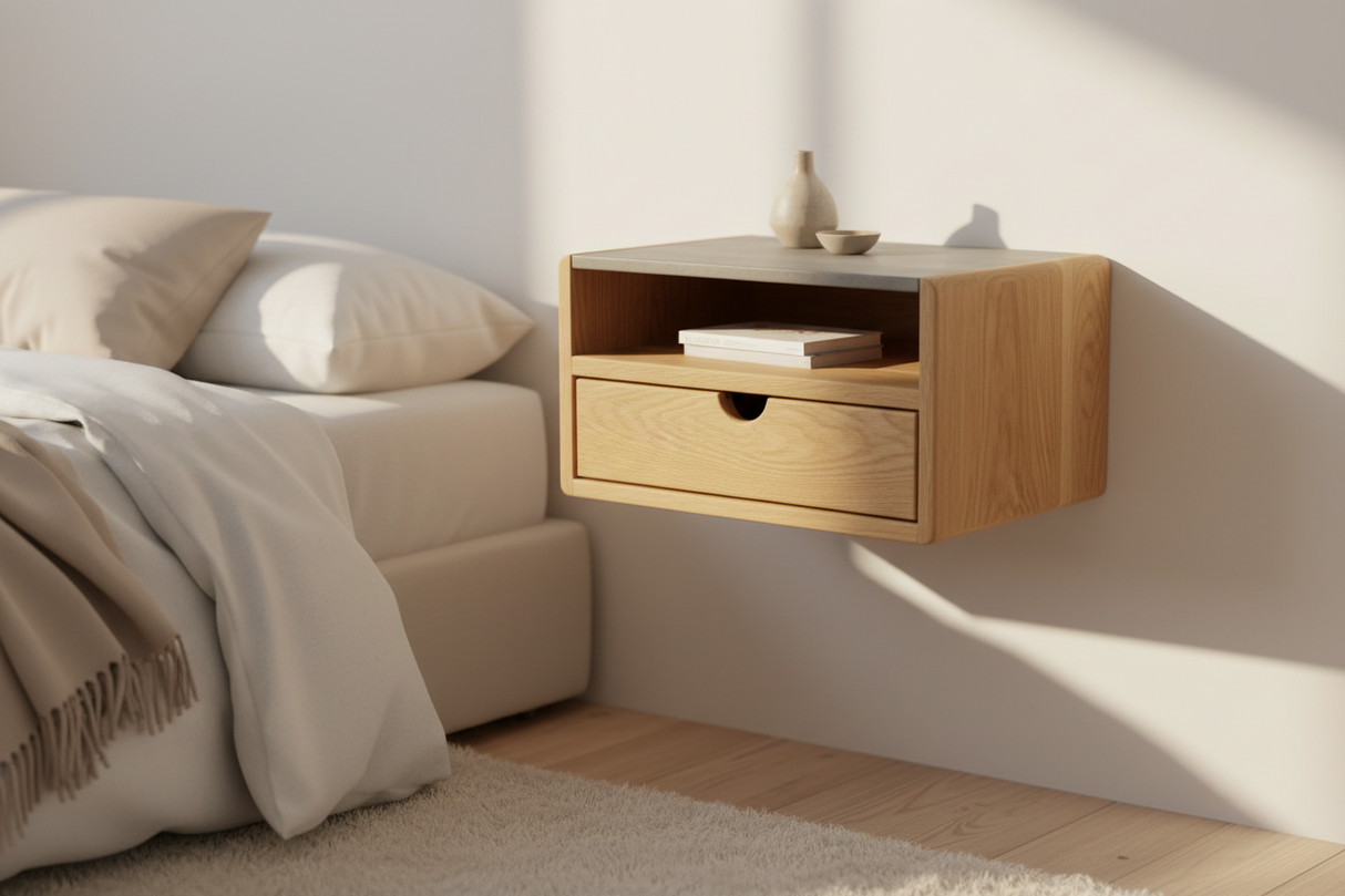 Aby Cloud - Floating White Oak Side Table Nightstand with Concrete Shelf
