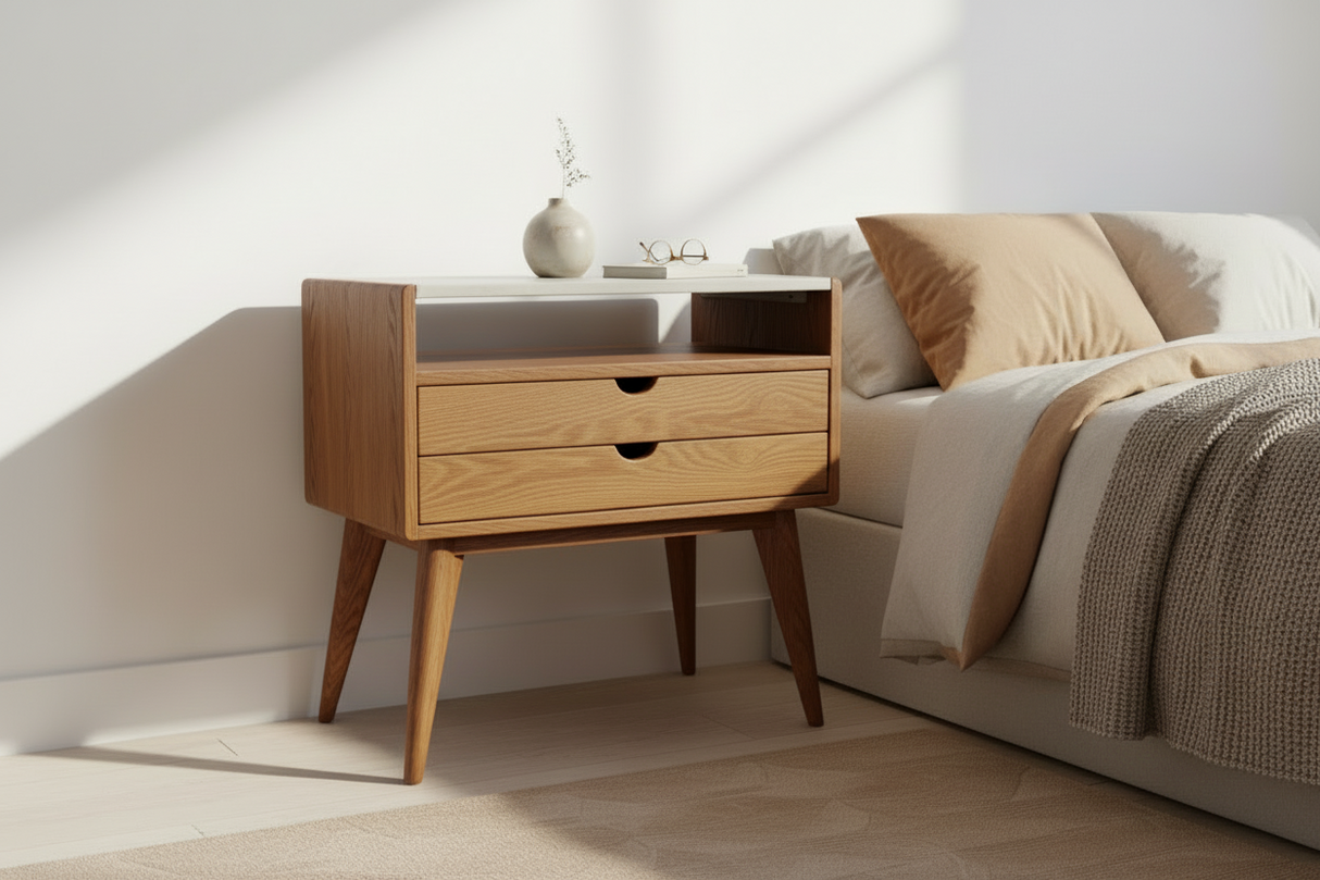 Aby - 2 Drawers Black Walnut & Concrete Top Mid-Century Nightstand