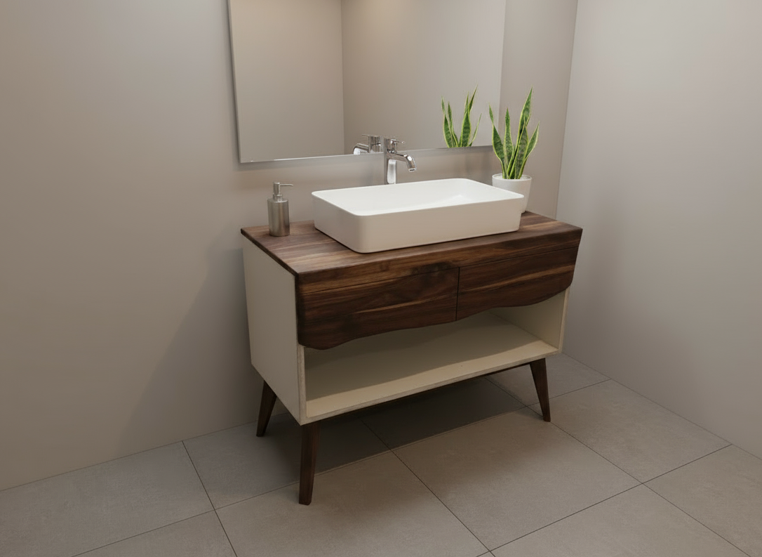 Bathroom vanity with wooden cabinet and white sink against a neutral wall.