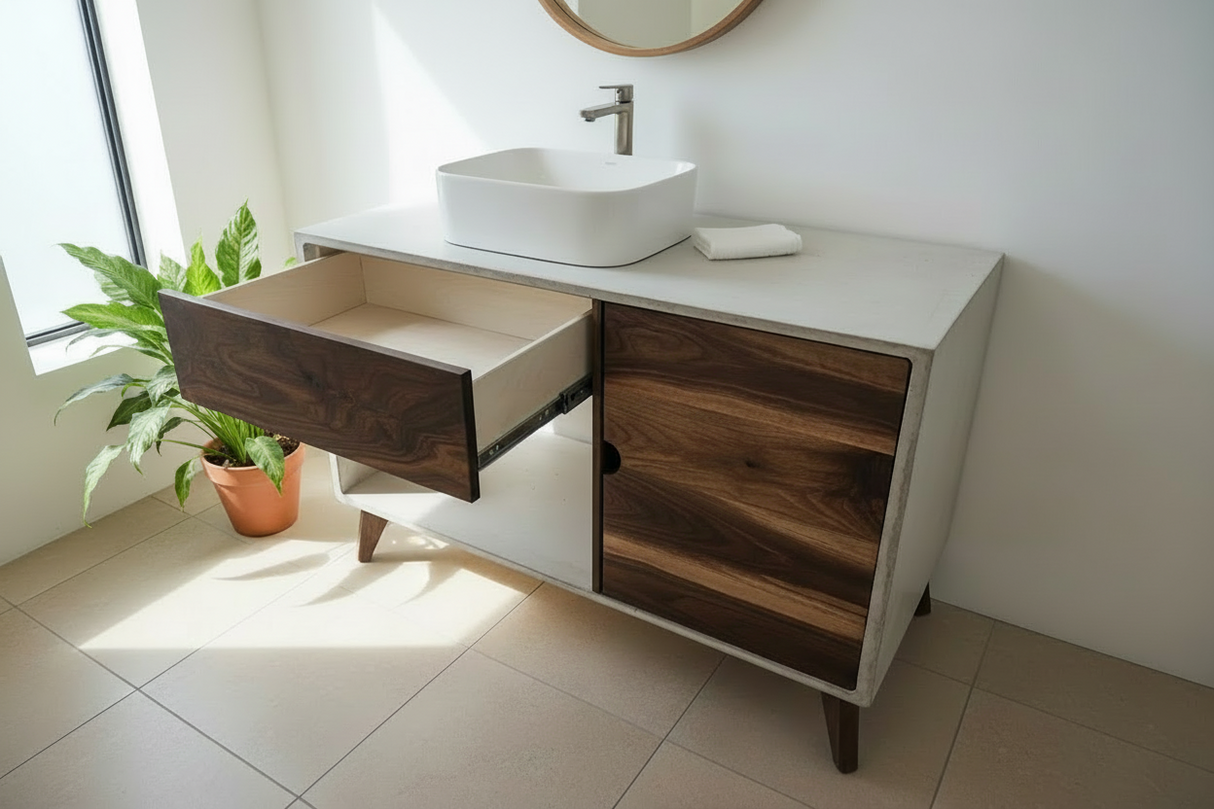 Concrete and Hard Wood Custom Bathroom Vanity