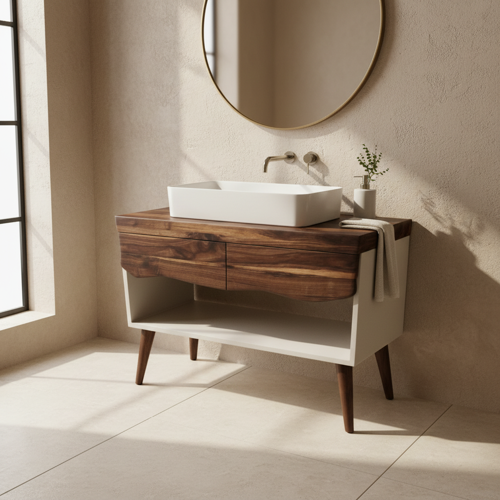 Concrete and Hard Wood Custom Bathroom Vanity with Wood Top and Drawers