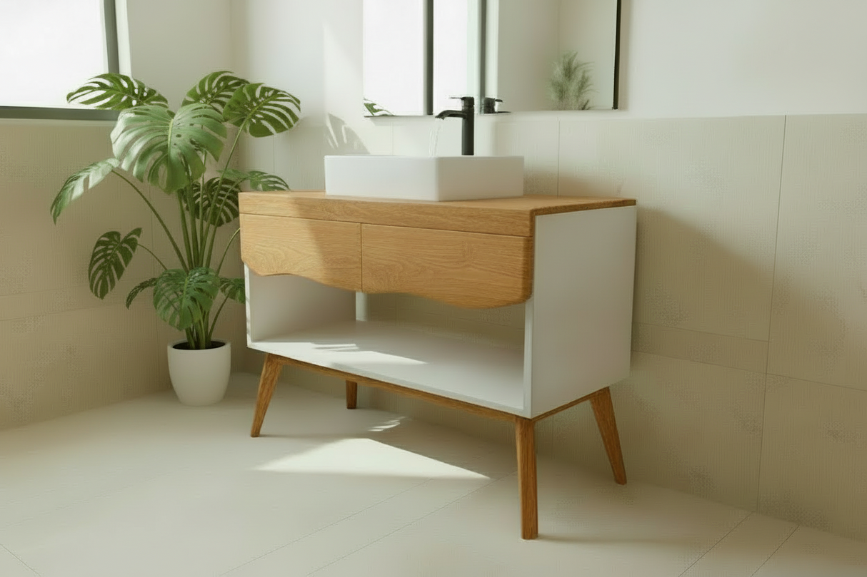 Concrete and Hard Wood Custom Bathroom Vanity with Wood Top and Drawers