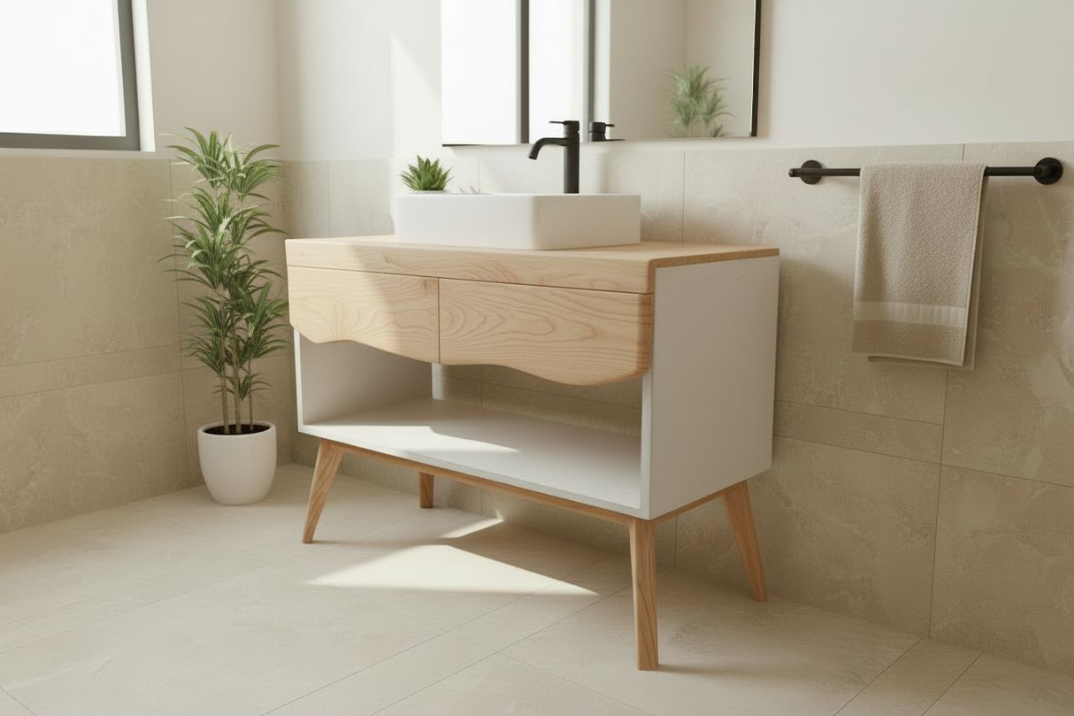 Concrete and Hard Wood Custom Bathroom Vanity with Wood Top and Drawers