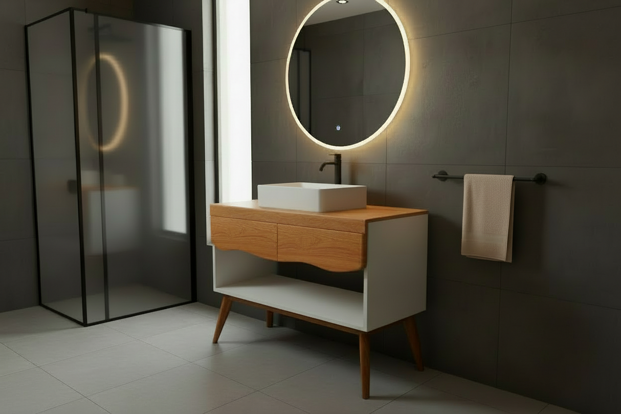 Concrete and Hard Wood Custom Bathroom Vanity with Wood Top and Drawers