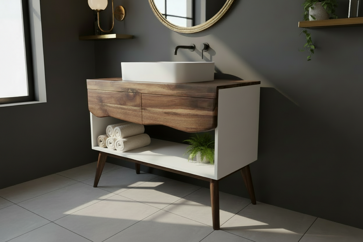 Concrete and Hard Wood Custom Bathroom Vanity with Wood Top and Drawers