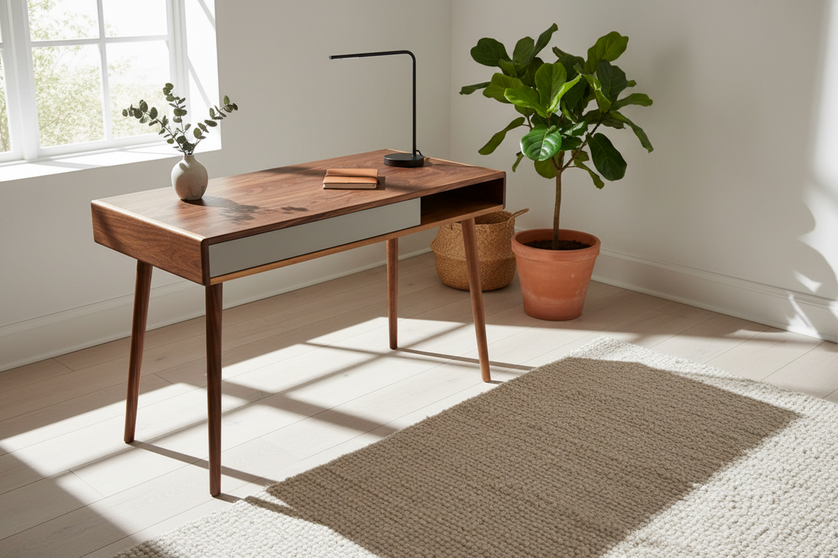 Two Third - Mid-Century Black Walnut Office Desk with concrete Drawers