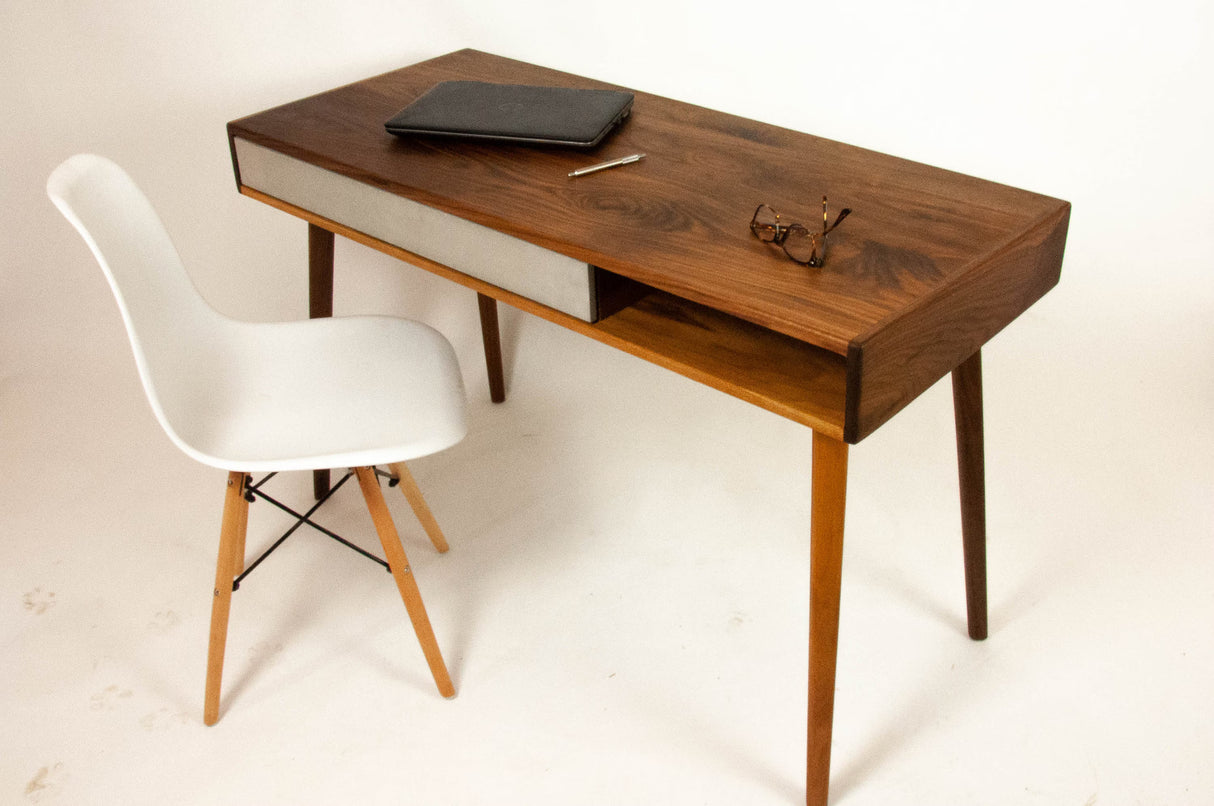 Two Third - Mid-Century Black Walnut Office Desk with concrete Drawers