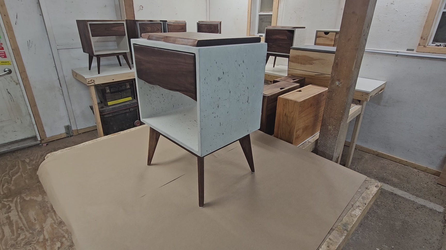 Solid Black Walnut Live Edge Concrete Cube Mid-Century Nightstand Bed Side Table Live Edge Wood Drawer