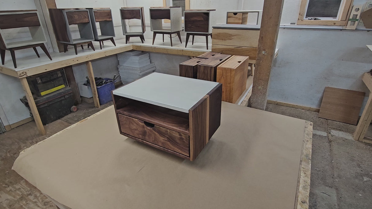 Aby Cloud - Floating Black Walnut Side Table Nightstand with Concrete Shelf